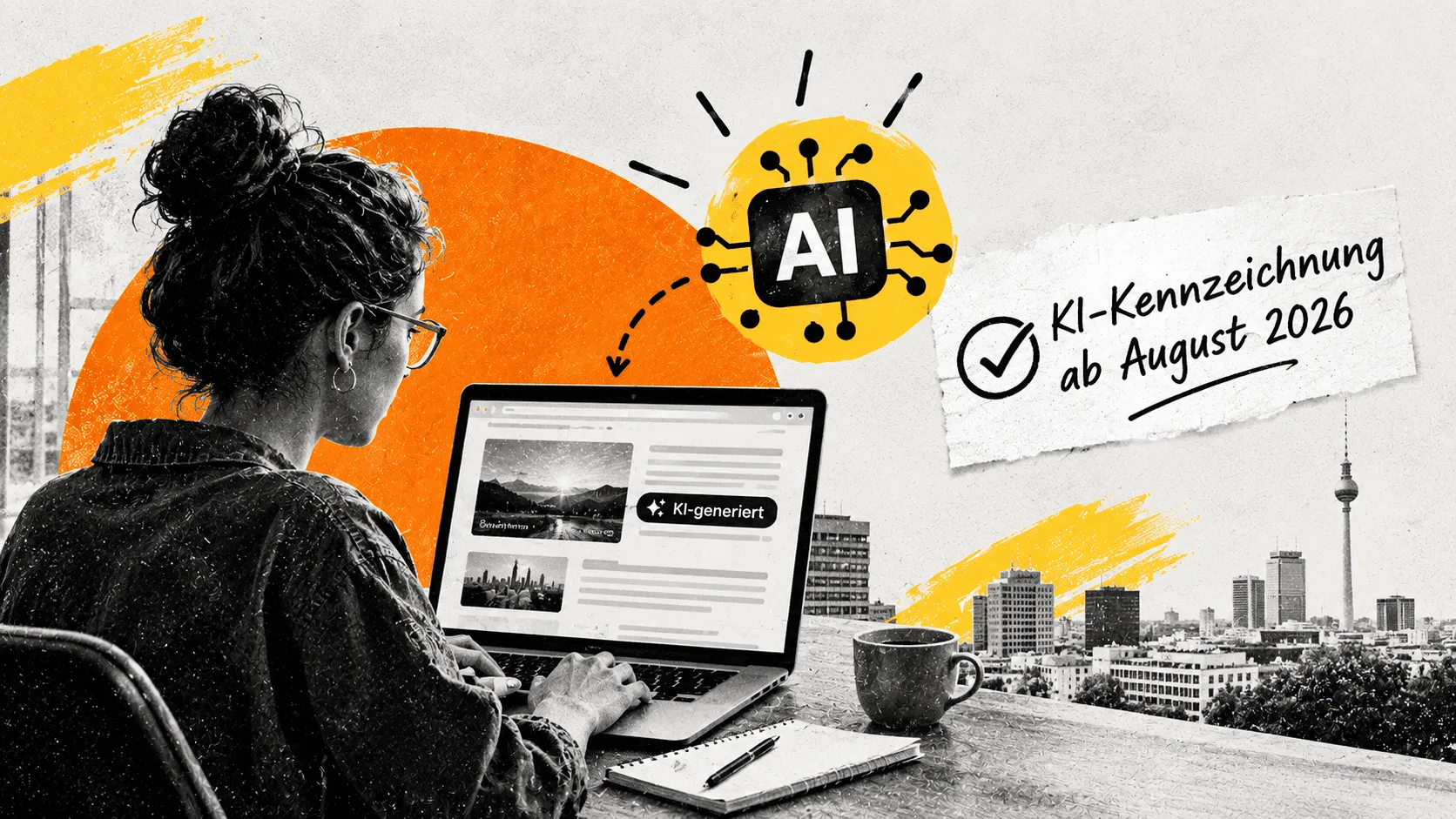 Collage mit einer Person am Laptop, einem KI-generiert-Label und dem Hinweis „KI-Kennzeichnung ab August 2026“.