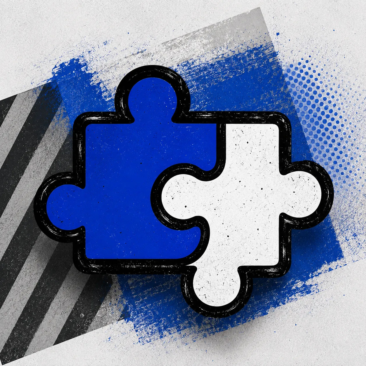 Riso-Illustration: zwei ineinandergreifende Puzzleteile in Blau und Weiß