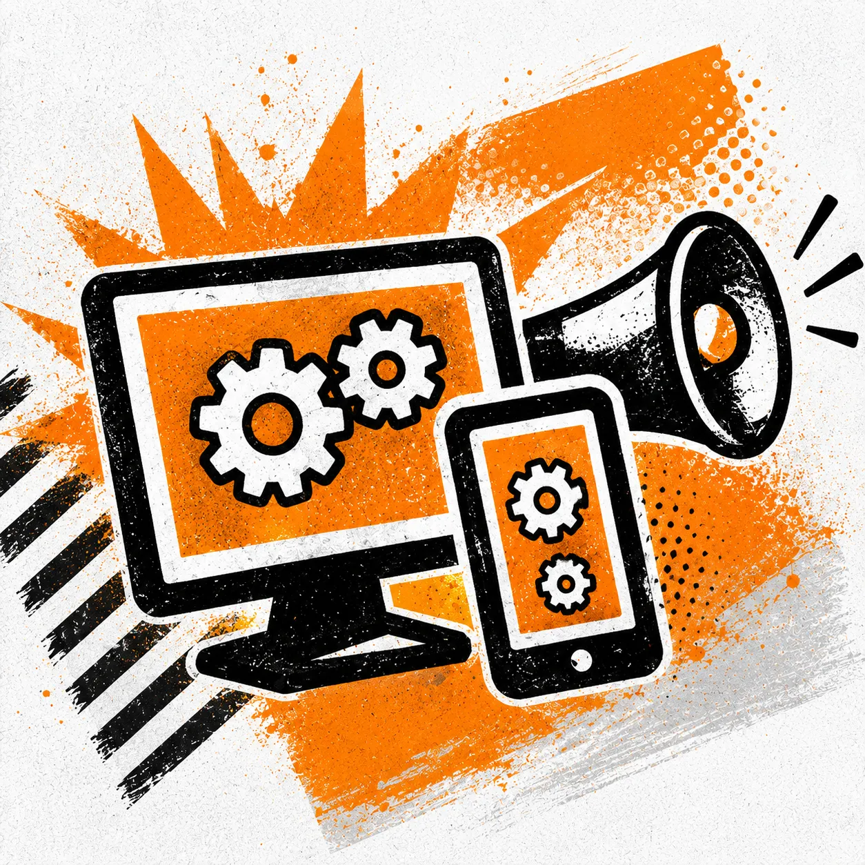 Riso-Illustration: Monitor und Smartphone mit Zahnrädern neben einem Megafon