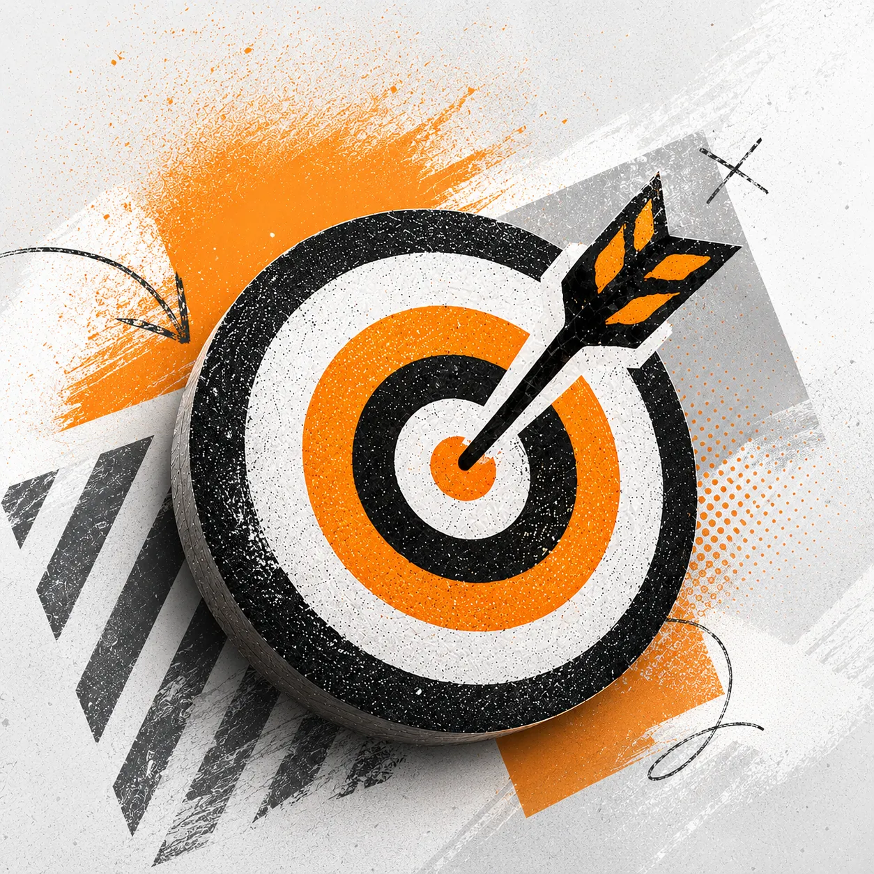 Riso-Illustration: Zielscheibe mit Pfeil im Bullseye
