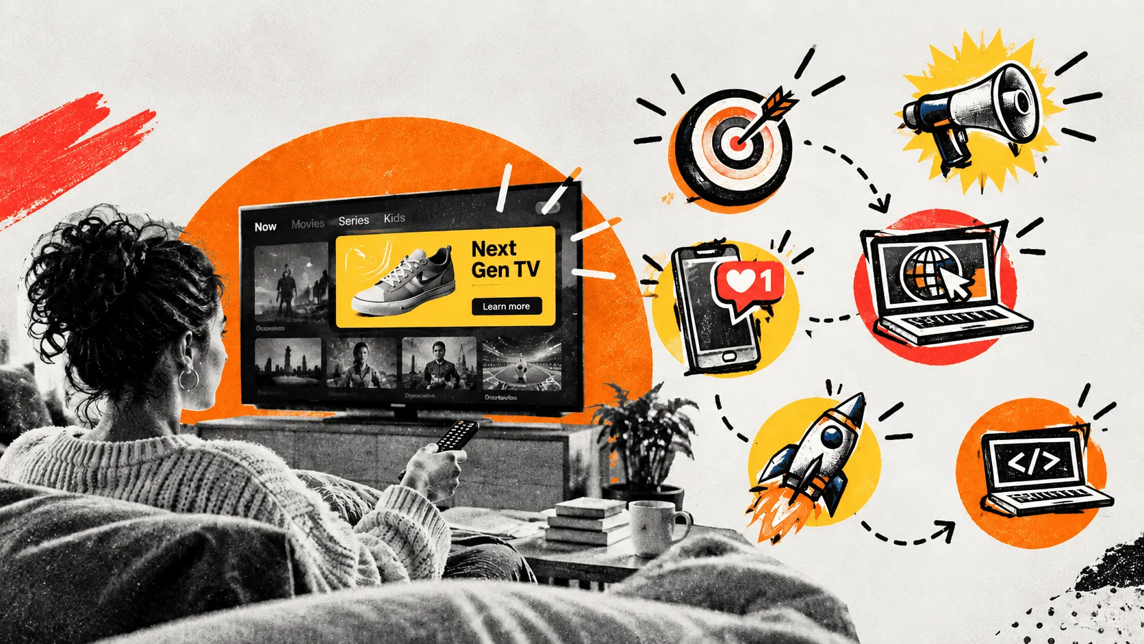 Collage mit einer Person vor einem Fernseher mit Next-Gen-TV-Werbung sowie Smartphone, Zielscheibe, Megafon und Laptops.